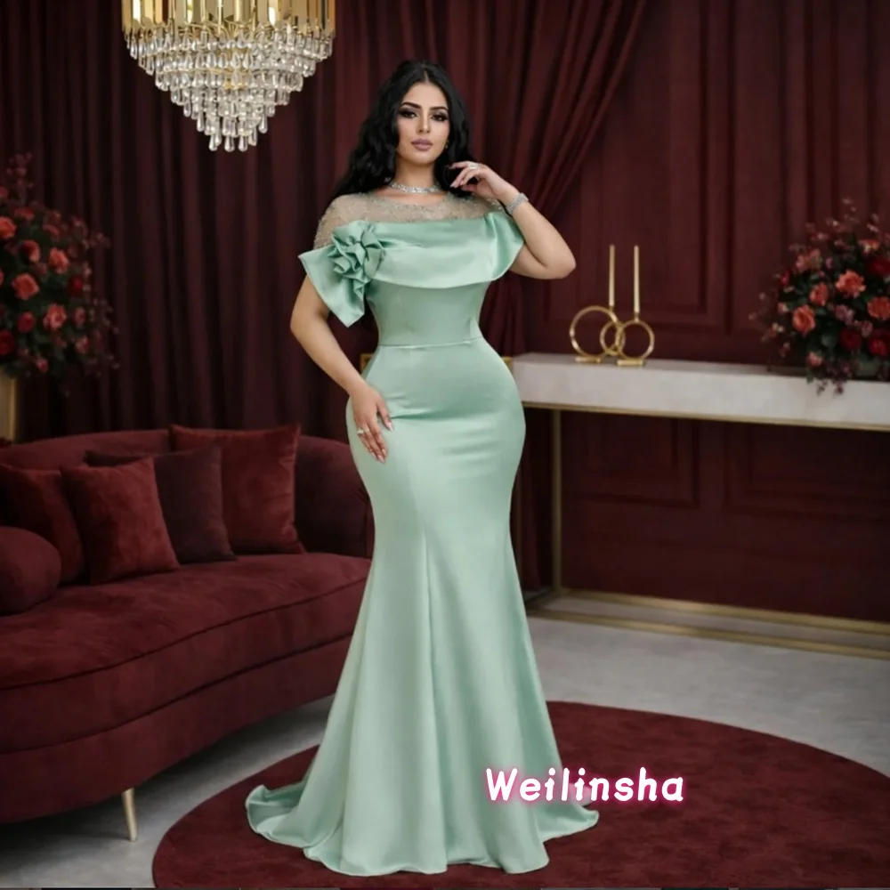 

Elegant O-Neck Sequins Mermaid Formal Evening Dresses Birthday Short Sleeves Flower Party Prom Gowns Customized