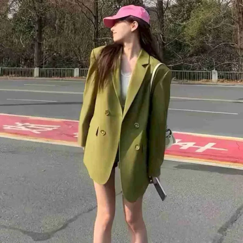 UNXX 2024 Spring Autumn Retro Leisure Blazer Women Fashion Lapel Double-breasted Temperament Slim Green Blazers Women Clothing