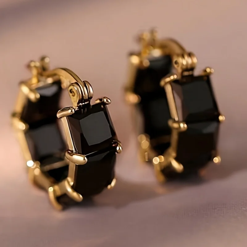 Fashion Square Black Cubic Zirconia Hoop Earrings For Women Luxury Accessories Banquet Party Temperament Elegant Jewelry