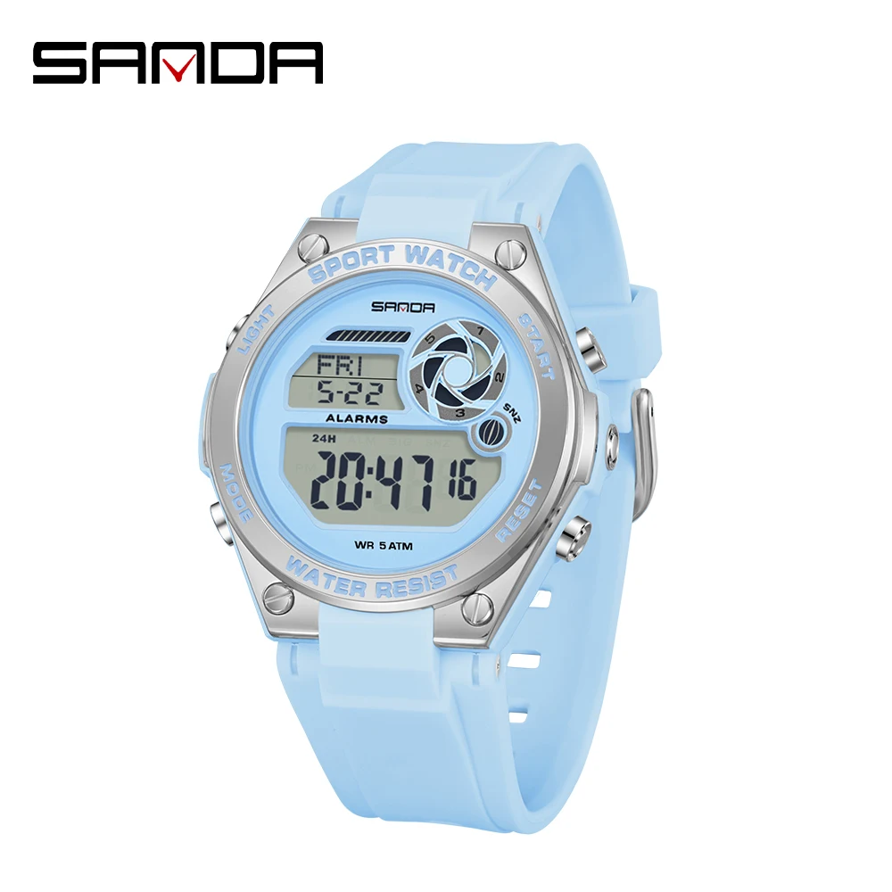 SANDA SD9098 Women's Sports Luxury Brand Watch Women's TPU Strap Night Light Waterproof Week Date Digital Leisure Watch
