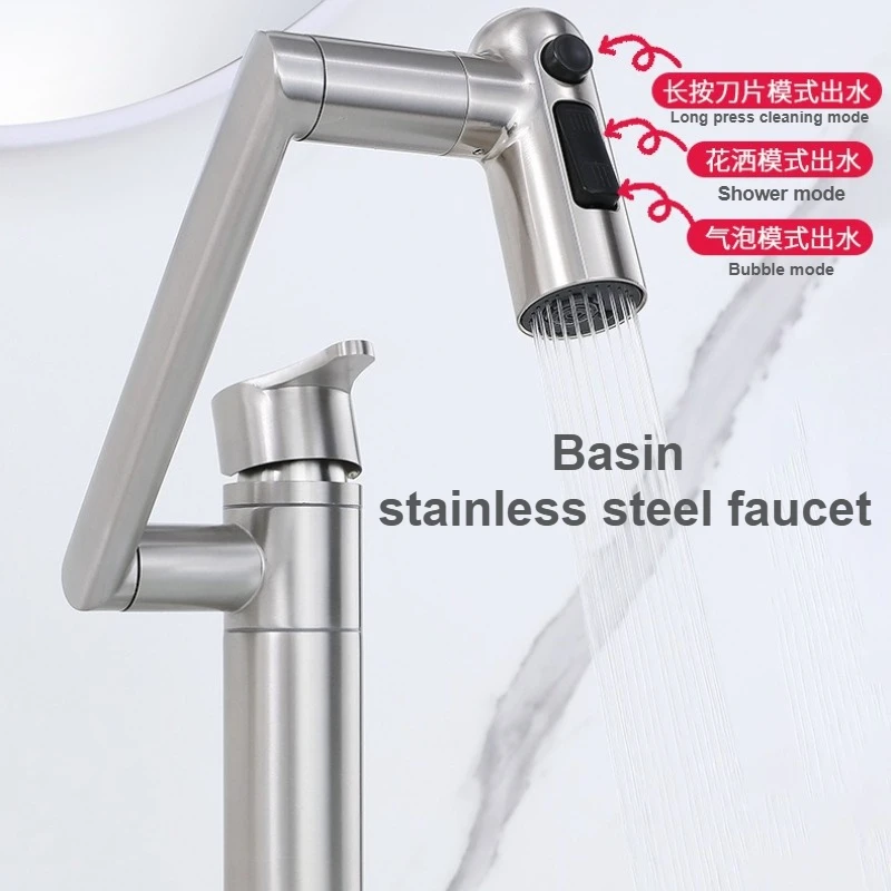 

304 Stainless Steel Mechanical Arm Faucet, Hot and Cold Dual Use 360° Swivel Universal Tap for Bathroom Vanity Sink & Washbasin