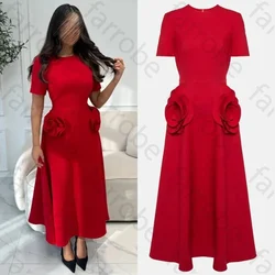 Customized Elegant Patchwork Appliques Dress for Women Short Sleeve High Waist Solid O-Neck A-line Female Fashion Dresses