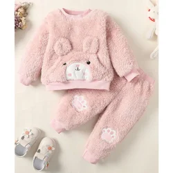 2PCS Baby Girl Clothes Set Cute Bear Plush Long Sleeve Top with Pants Autumn&Winter Daily Warm Outfit for Toddler Girl 0-3 Years