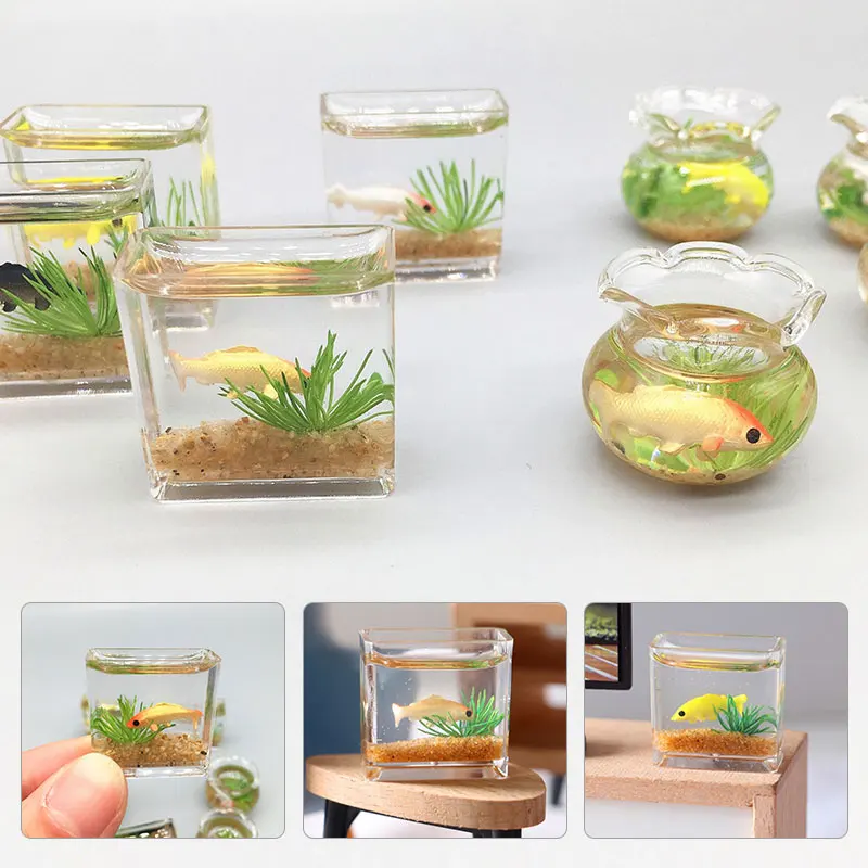 1pc Miniature Mini Small Fish Tank Transparent Glass Acrylic Fake Fish Tank Office Table Ornaments Home Desk Decoration Random