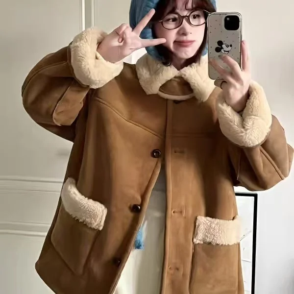 

Double-Sided Wearable Lamb Fur Jaet Women's Eco-Friendly Fake Fur Outerwear Korean Sle Loose Fit Long Sve Coat