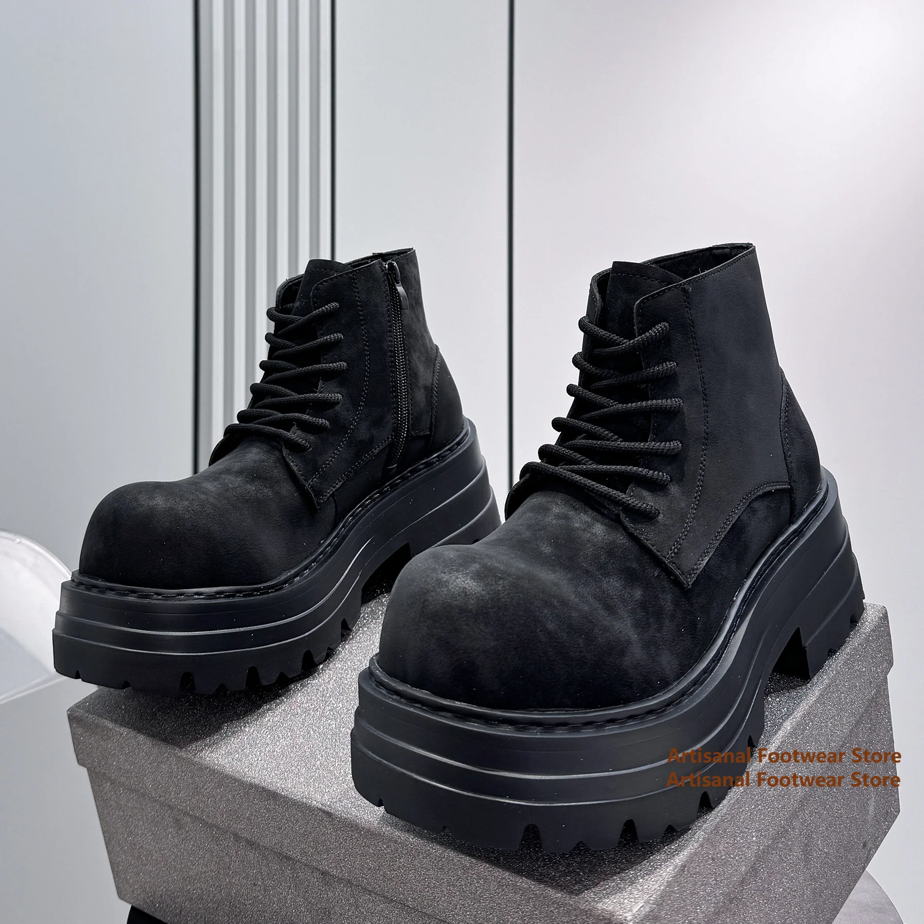 Thick Soled Men's Boots Big Round Toe High Top Derby Shoes New In Height Increasing Ankle Booties Trendy Luxury Men's Boots
