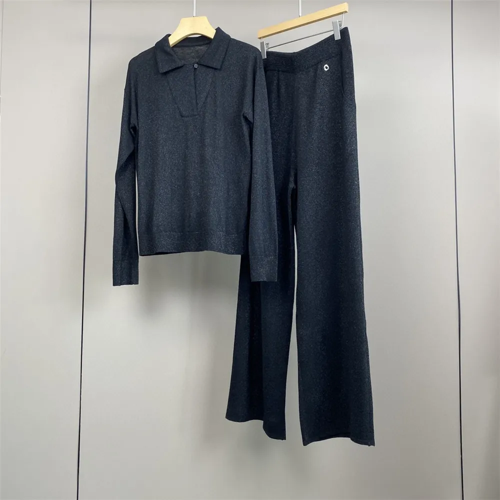 Autumn L*P Women\'s Lapel Wool Knit Sweater+ Elastic Waist Wide Leg Pants Two-Piece Set