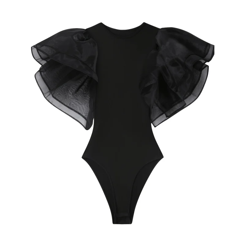 Mesh-paneled Solid-color Bodysuit