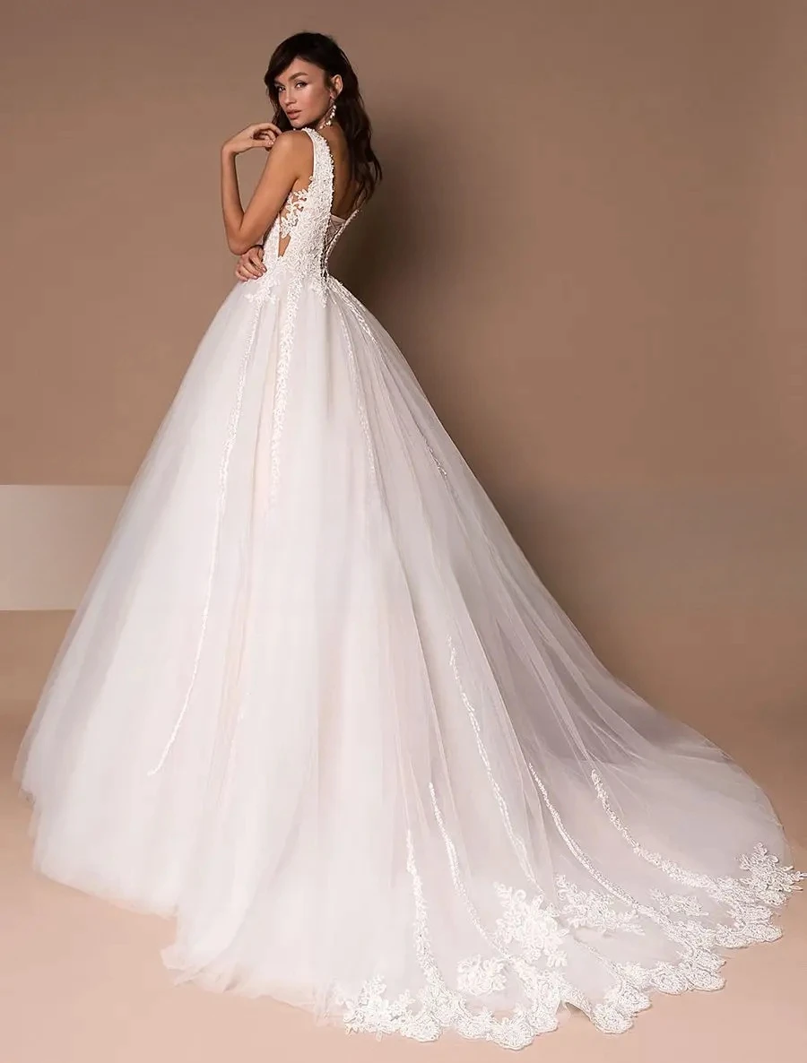 Vestidos de novia de tul con escote en V profundo, vestidos de Boda de Princesa sin mangas, apliques de cuentas con cordones personalizados, vestido de novia, vestido de baile