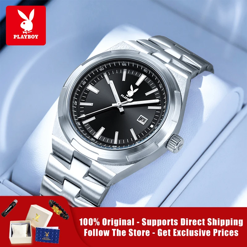 PLAYBOY 3112 Brand Original Authentic Stainless Steel Strap Luminous Function Calendar Display Men's Quartz Watch