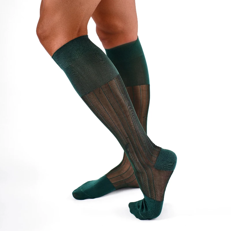 Mens Summer Ultra Thin Soft Breathable Knee High Business Nylon Socks Gifts Dress Green Striped Man Long Socks Formal Stockings - view 2