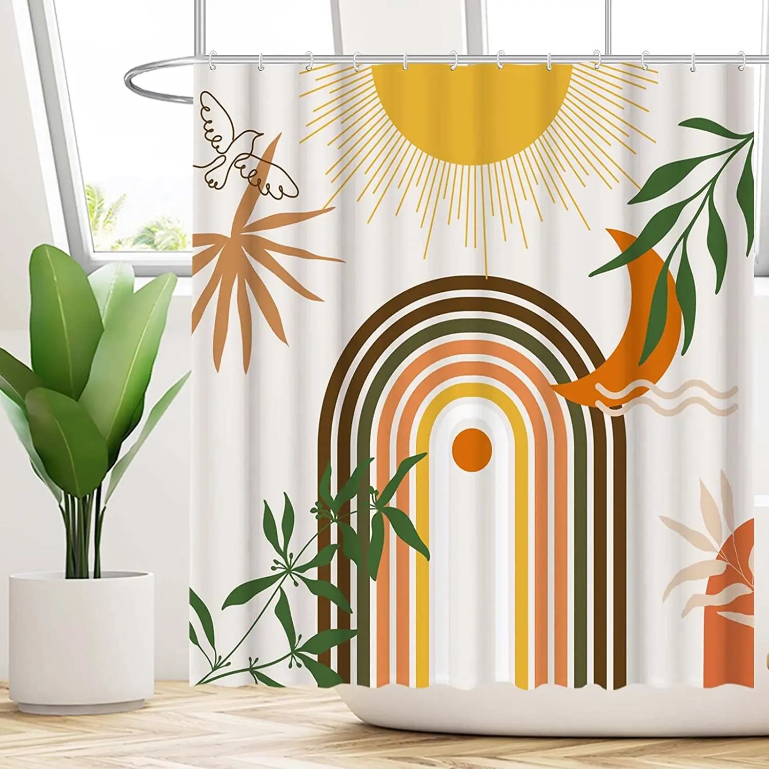 Mid Century Abstract Shower Curtain Boho Arch Sun Plant Leaves Modern Minimalistic Bathroom Decor Polyester Fabric with Hooks