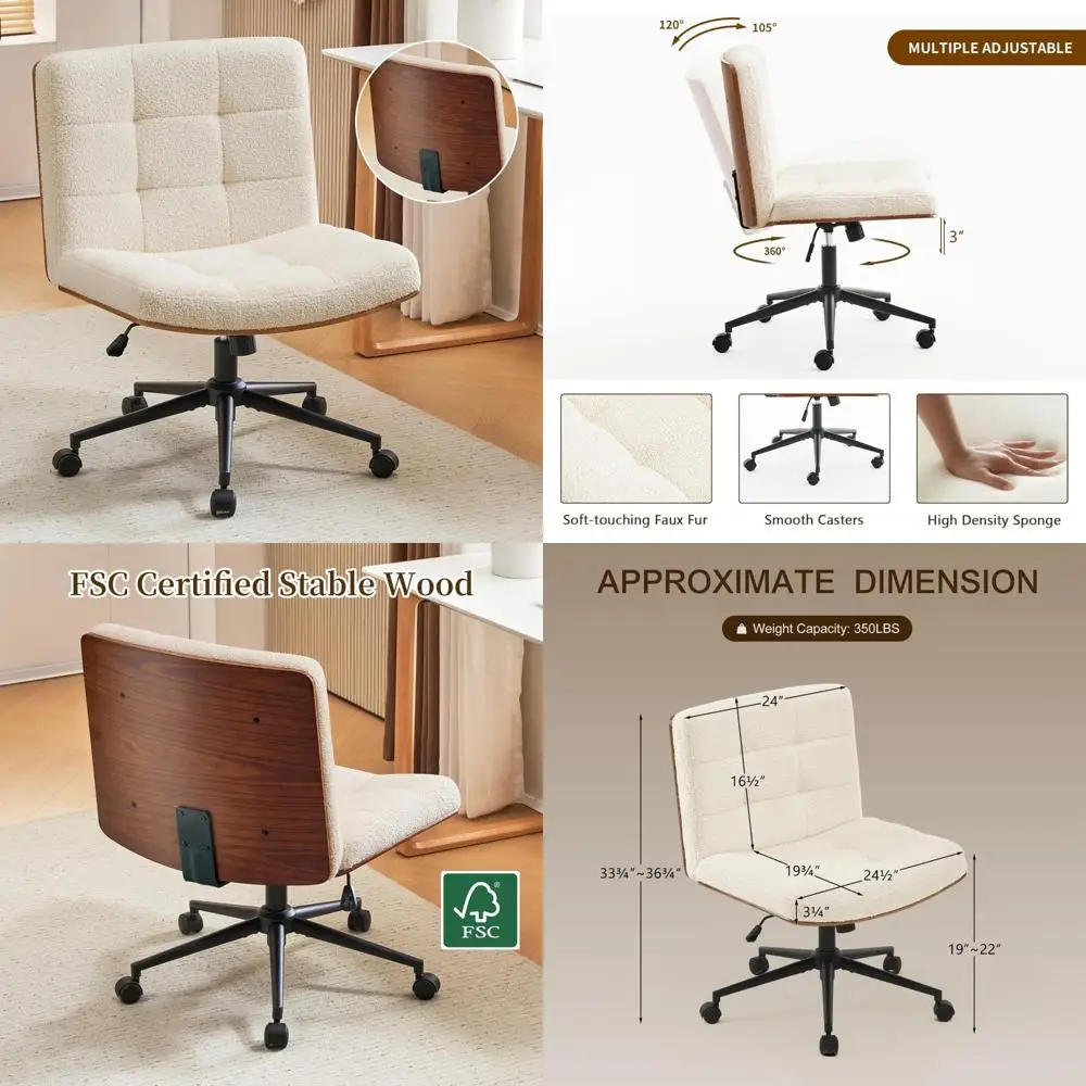 

Swivel Criss Cross Leg Chair with Wheels, FSC Wood Desk Chair, Mid-Back Support, Comfortable Armless