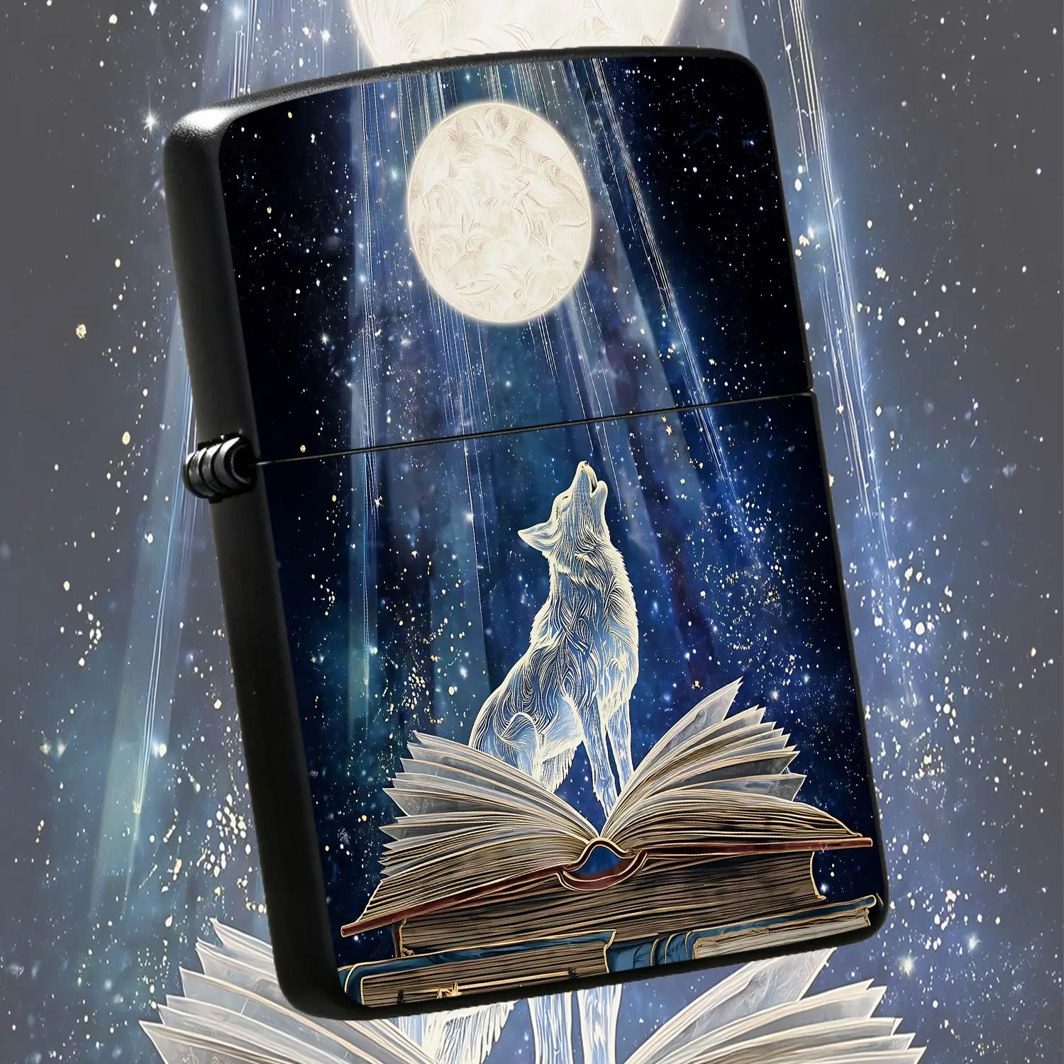Ethereal Howling Wolf Under Full Moon Lighter, Mystical Starry Sky Open Book Celestial Pattern Delicate Ornament, Portable Creative Practical Accessory For Daily Use Outdoor Travel Gifting To Fantasy Lovers, Fits All Sc A Humorous And Inter
