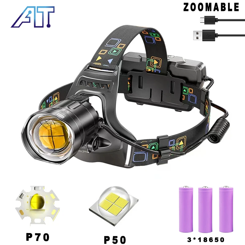 

Super Bright Headlight XHP 50/XHP70 LED Rechargeable Headlamp Adjustable Head Light Zoom Head Lamps for Outdoor Hiking Camping