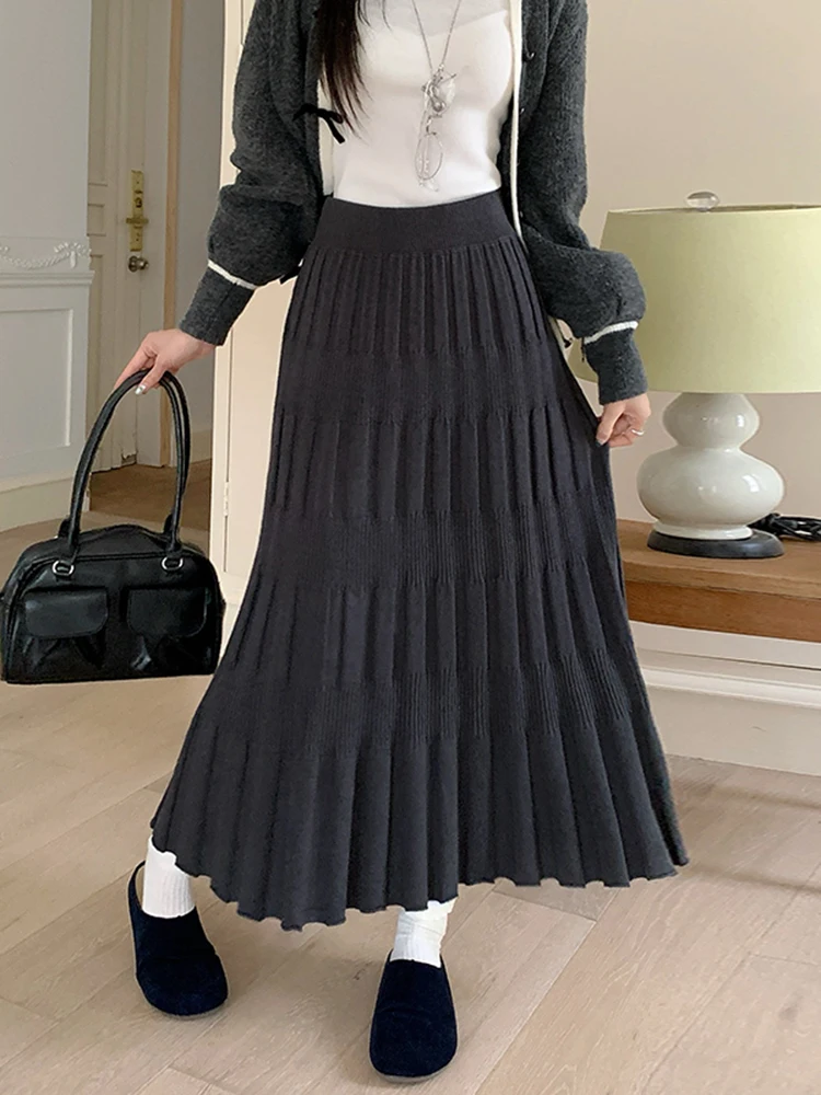 Falda Midi de Punto Plisada de Cintura Alta para Mujer, Otoño Invierno, Estilo Casual, para el Hogar y Uso Diario...