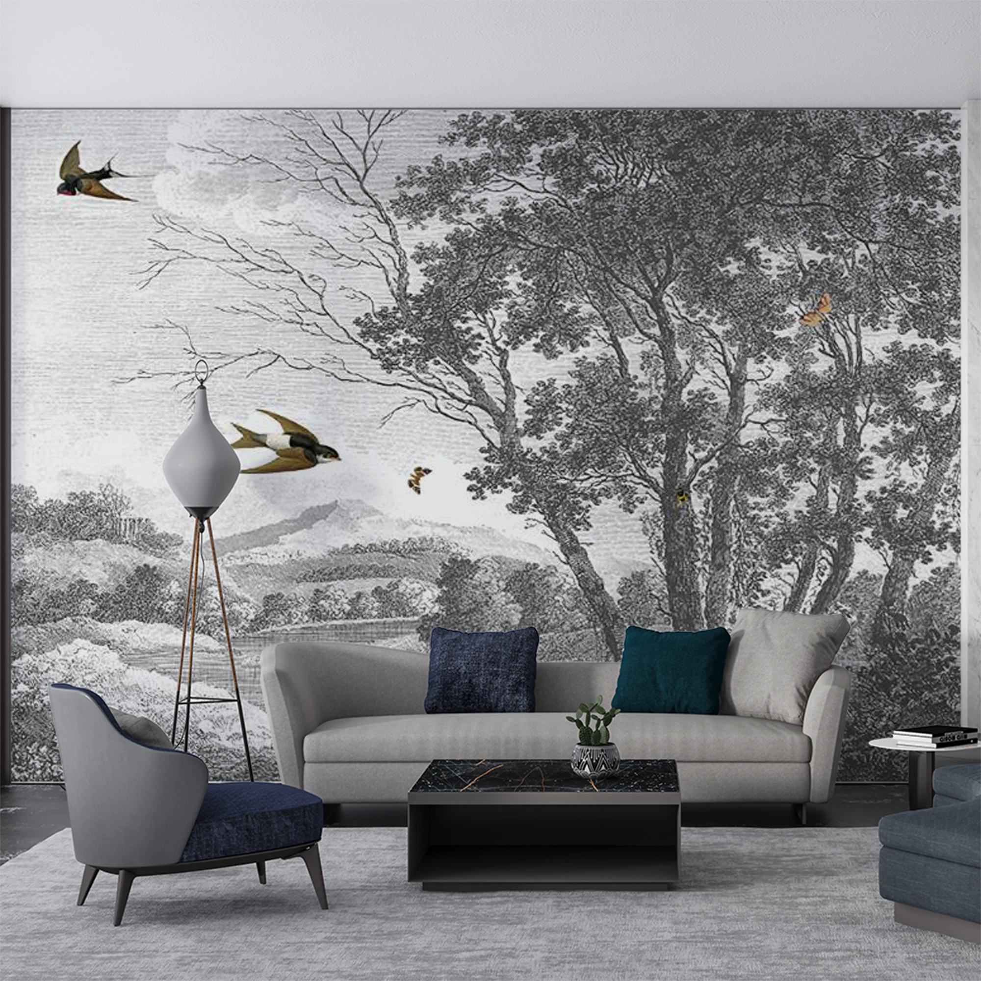Custom 3D Retro Engraving Wall Mural Vintage Forest Landscape Swallow Bird Sketch Wallpaper for Living Room Bedroom Home Decor