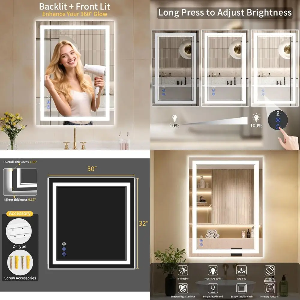

Dimmable 30x32 LED Backlit Bathroom Mirror with Anti-Fog, Front Lighting, Tempered Glass
