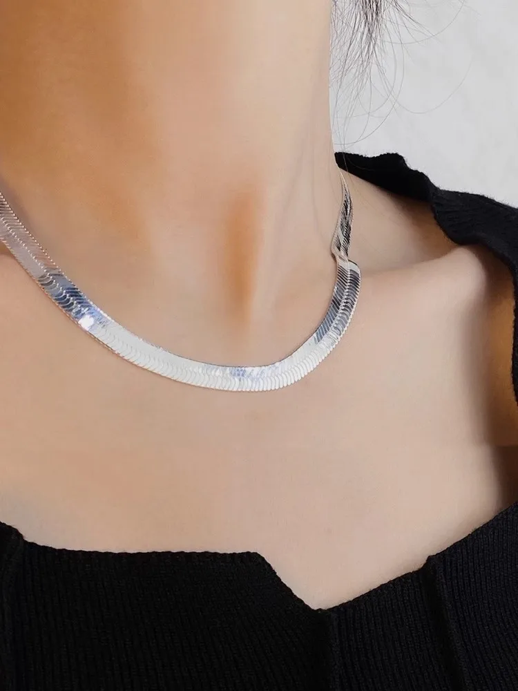 S925 Sterling Silver Fine Jewelry Wide Flat Snake Necklace Simple Hip Hop Trendy Chains Chokers Necklace