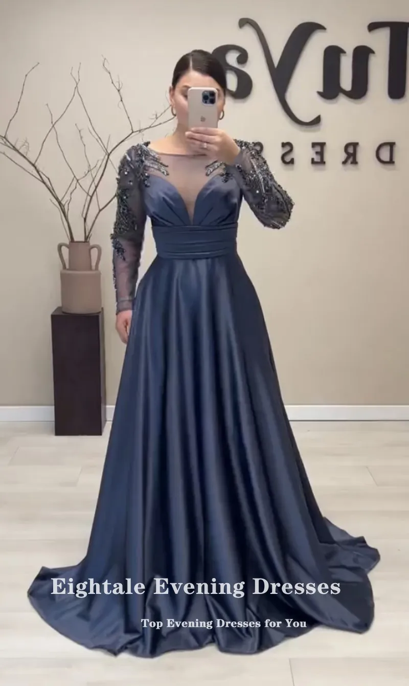 Eightale Dubai Evening Dresses for Wedding Satin Beaded Long Sleeves Prom Gowns Arabic Customized Party Dress robes de soirée