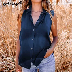 2022 Summer Simple Solid Lapel Single Breasted Sleeveless Casual Blouse Office Lady Grace Slim Occupation Cardigan Tank Shirt