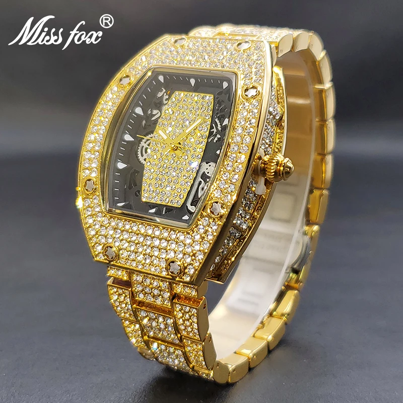 

New Gold Tonneau Watches For Men Luxury Full Iced Diamond Quartz Men's Watch Fashion Hip Hop Big Dial Hand Clock Dropshipping