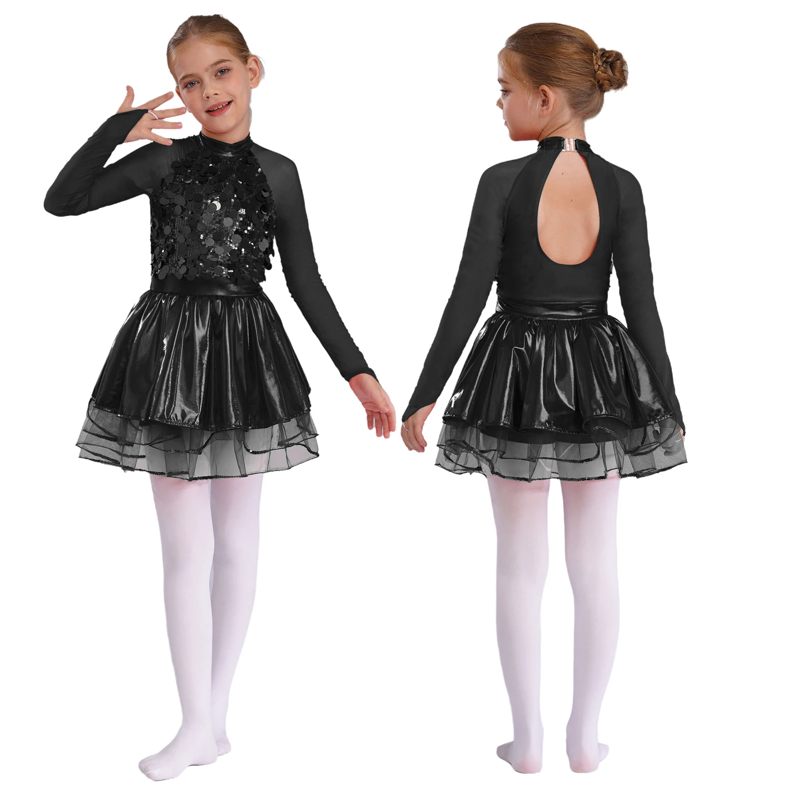 

Girls Jazz Dance Dress Ballet Gymnastics Figure Skating Performance Dancewear Sheer Mesh Long Sleeves Shiny Sequins Tutu Leotard