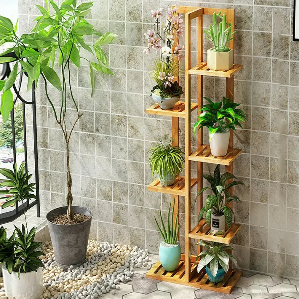 6/7 Pot Vertically Bamboo Flower Shelf Rack Plant Stand Pots Display Corner Shelving Home Indoor Outdoor