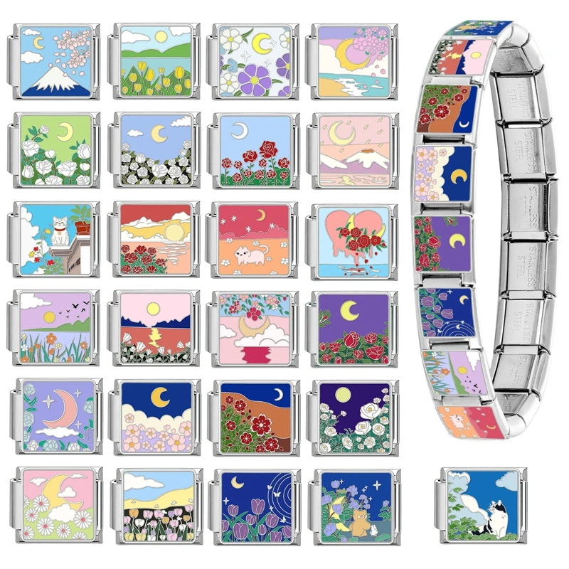 2025 Primavera Verano flores coloridas tulipán rosa gato Luna italiano encanto enlaces ajuste 9MM pulsera de acero inoxidable mujeres DIY fabricación