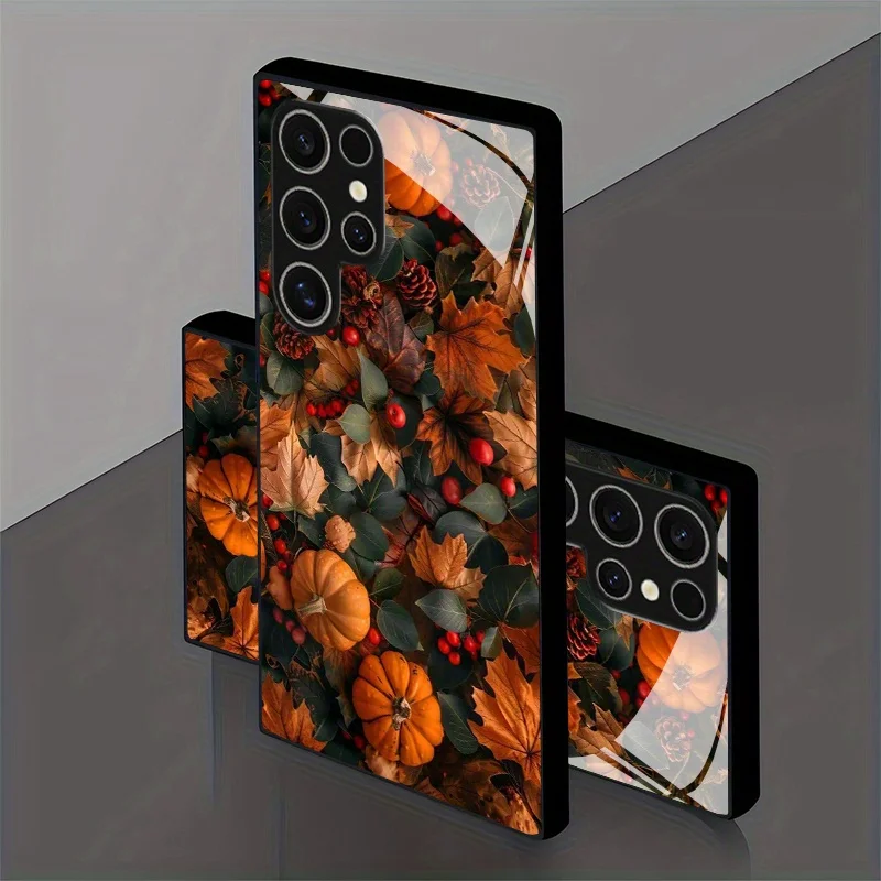 Pumpkin pattern glass phone case suitable for Samsung Galaxy S26 S25 S24 S23 S22 S20 FE/Ultra/Plus anti drop back cover