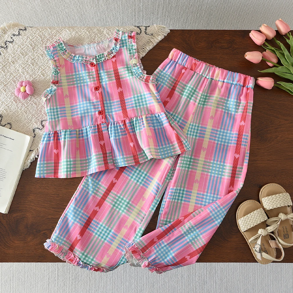 Colorful Cute Checkered Set Summer New Style Girls Aged 3-10 Wear Street Style Korean Edition Fashion Casual Children's Clothing