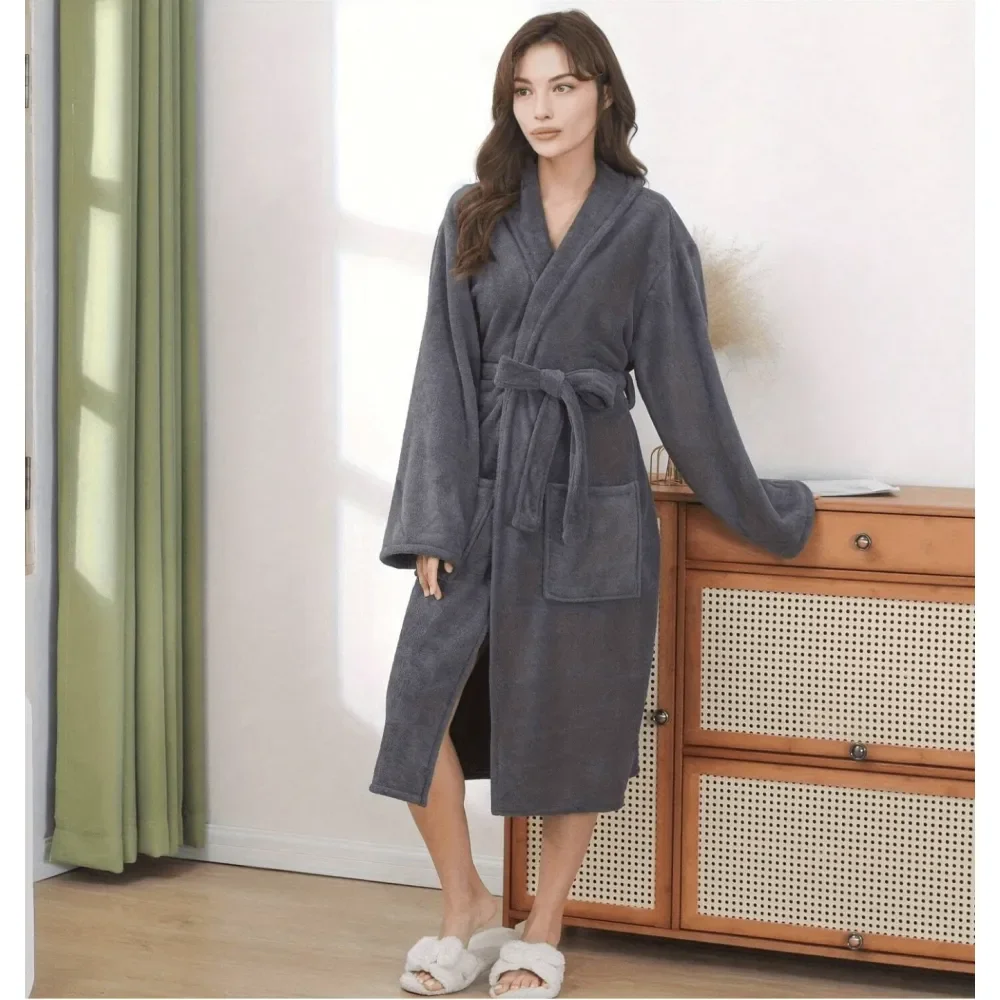 

Collared Bathrobe, Robe, Morning Gown, Loungewear Coral Fleece, Soft, Absorbent, Comfortable, Suitable For Bedroom, Bathroom, S