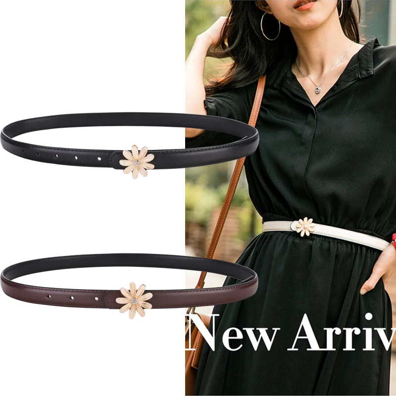 

Thin Belts For Women Luxury Daisy Shiny Metal Buckle High Quality Genuine Leather Designer Waistband Women's Dress Jeans Girdle