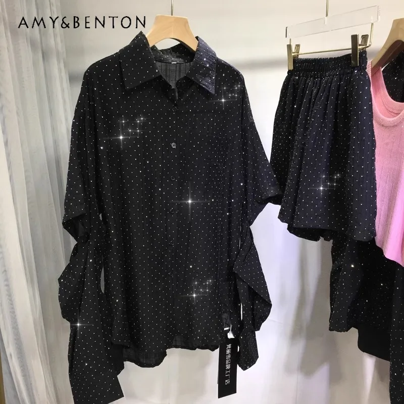 

Diamond Drills Shirt Women's Lightweight Breathable Cardigan Sun Protection Clothes Loose Blouse Shorts 2 Piece Suit Cool Summer