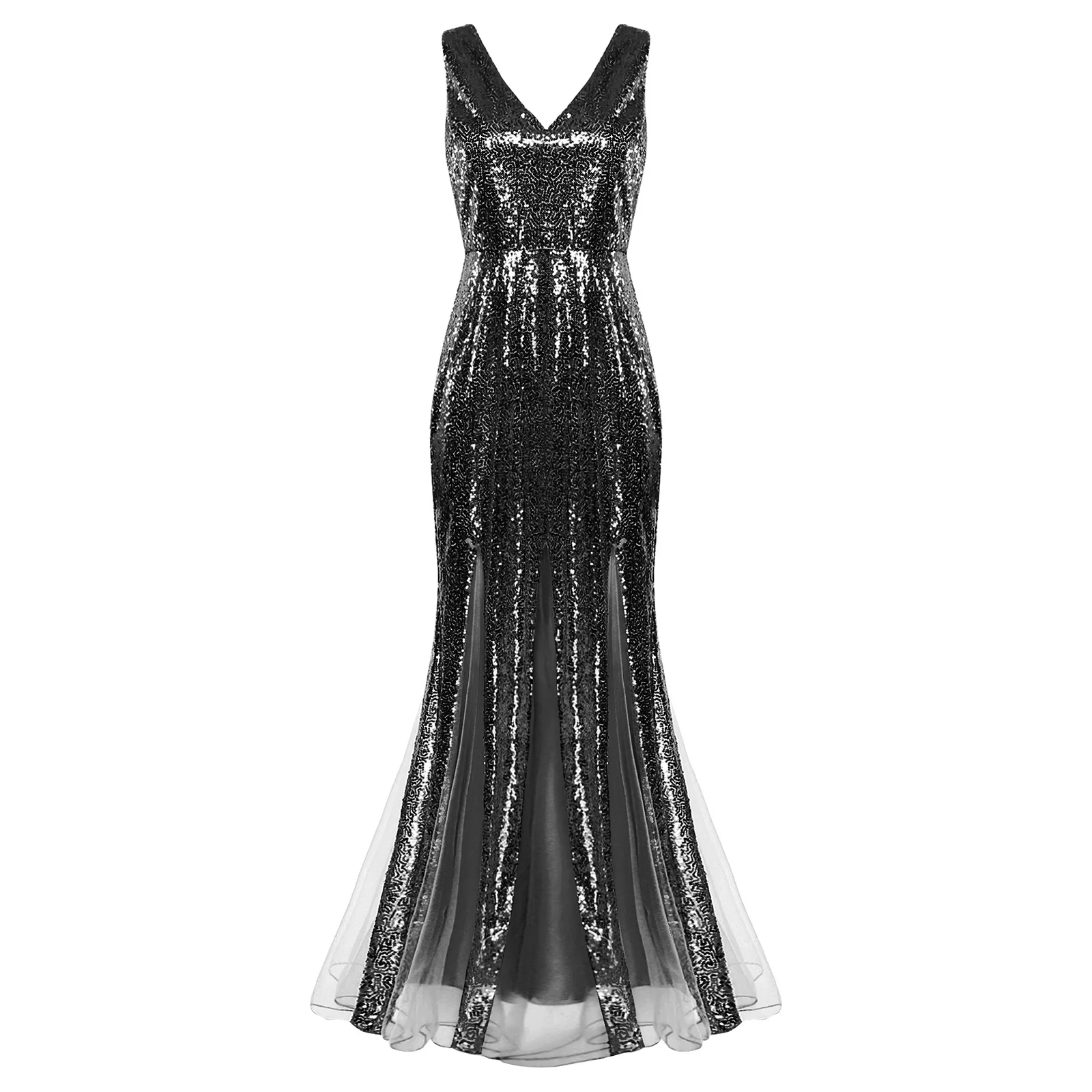 Women Sparkly Sequins Dress High Waist Vestido De Fiesta V-neck Banquet Ball Wedding Pageant Evening Prom Gown Vestido Feminino