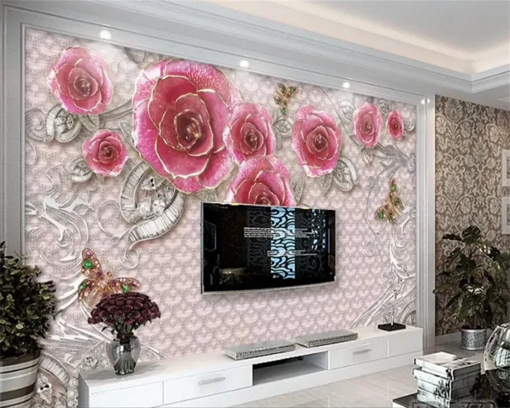 

Customized wallpaper 3D pink flower jewelry beautiful romantic living room background wall decoration painting mural