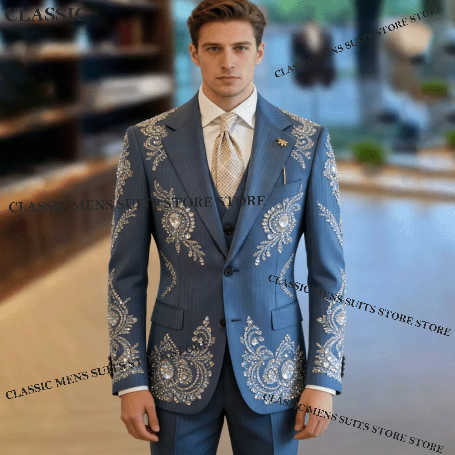 

Customized Crystal Men suits For Wedding Groom Diamond Sequin Male Prom Party Handsome Fashion Blazer 3 Pieces Set Tuxedos Slim