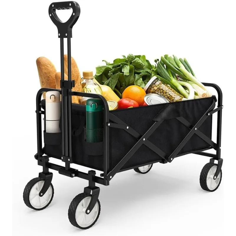 

Collapsible Wagon Garden Cart Heavy Duty with Side Pocket and Terrain Wheels, Large Capacity Foldable Grocery Beach Wagon