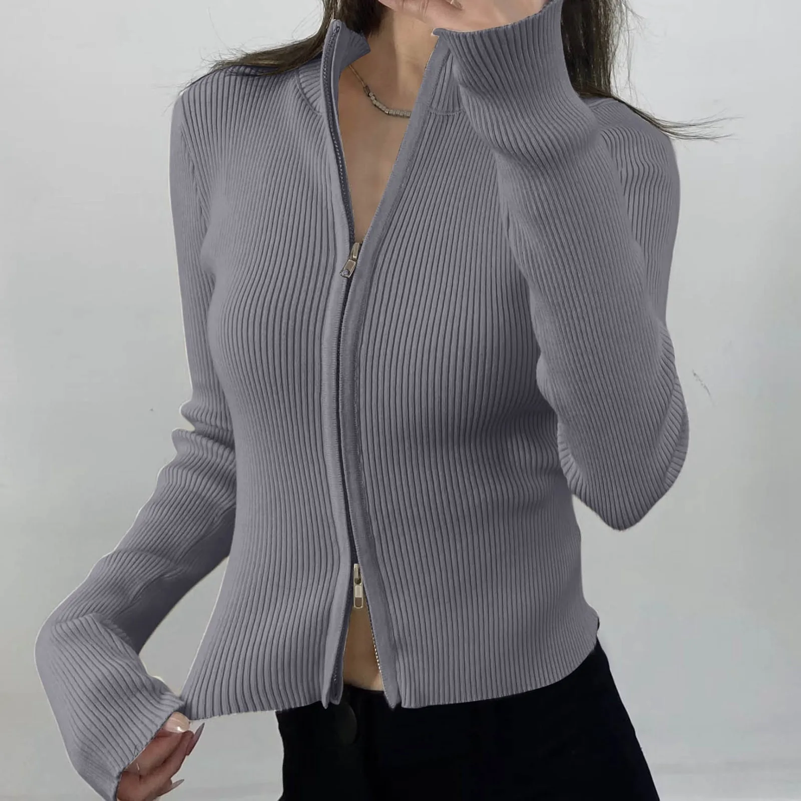 

Spring Autumn Zipper Cardigan Women Sweaters Knitted Long Sleeve Stand-up Collar Tops 2024 Fashion Short Sweater Cardigans