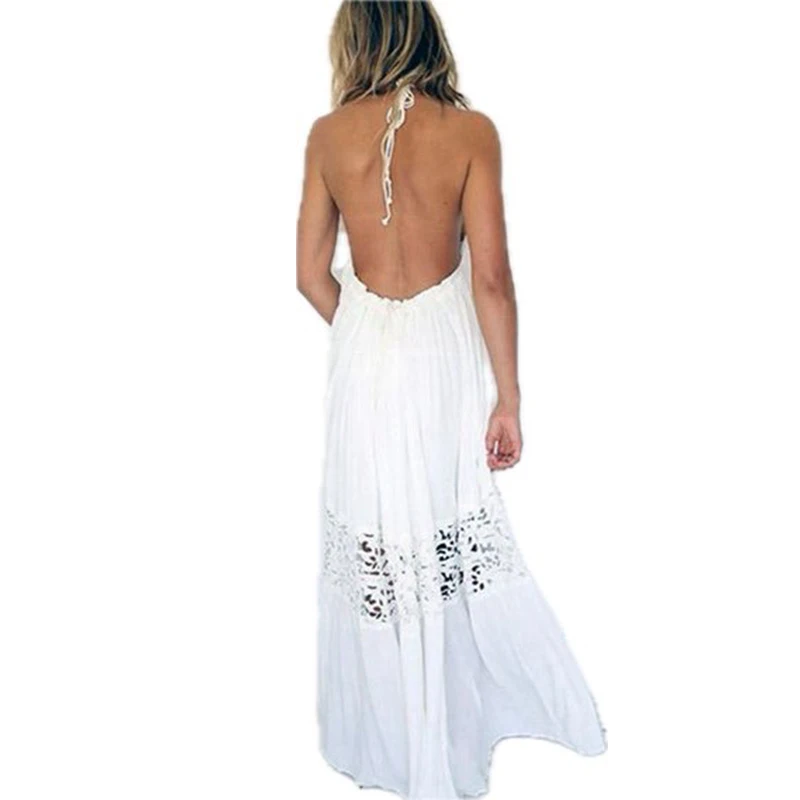 Letnia Sukienka na Ramiączkach Spaghetti Biała Damska Sexy Dekolt V Ażurowa Szydełkowa Boho Luźna Plażowa Długa Sukienka Damska Bez Pleców Sukienki Wakacyjne