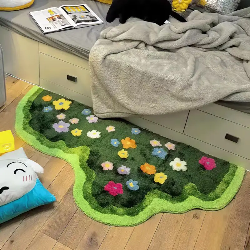 Soft Green Lawn and Flowers Bedroom Carpet Cute Children\'s Bedside Rug Kids Non-Slip Baby Playmats Floor Mat Living Room Mats