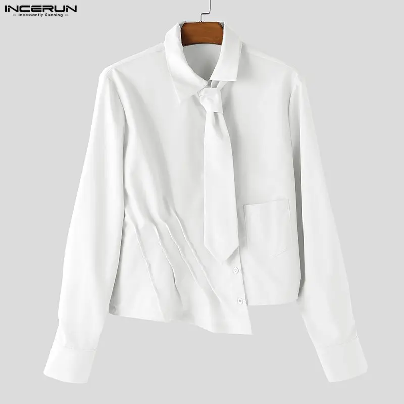 

INCERUN Мужская рубашка сплошной цвет с лацканами и длинным рукавом повседневные рубашки нестандартной формы мужские с галстуком уличная одежда элегантная мода Camisas S-5XL