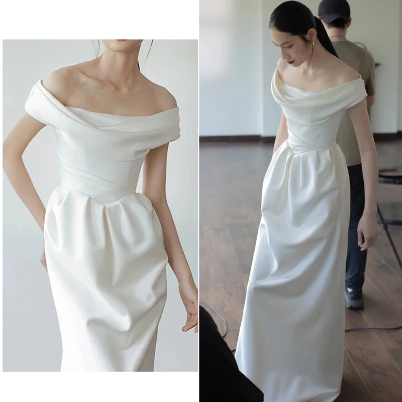 French White Satin Bridal Wedding Photo Formal Dress Elegant Sexy Elegant Long Ball Evening Dress Tail Vestidos De Fiesta