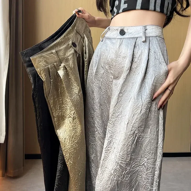 Herbst Hohe Taille Breite Bein Hosen Frauen Faltig Design Casual frauen Hosen Mode Silber Lose Gerade Volle Länge Hosen
