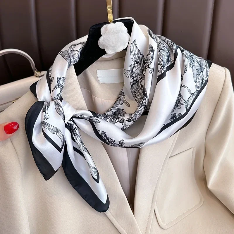 70*70cm Luxury Floral Print Silk Square Scarf Women Foulard Hairband Hands Bag Ribbon Head Hijab Neckerchief Headband Soft Satin