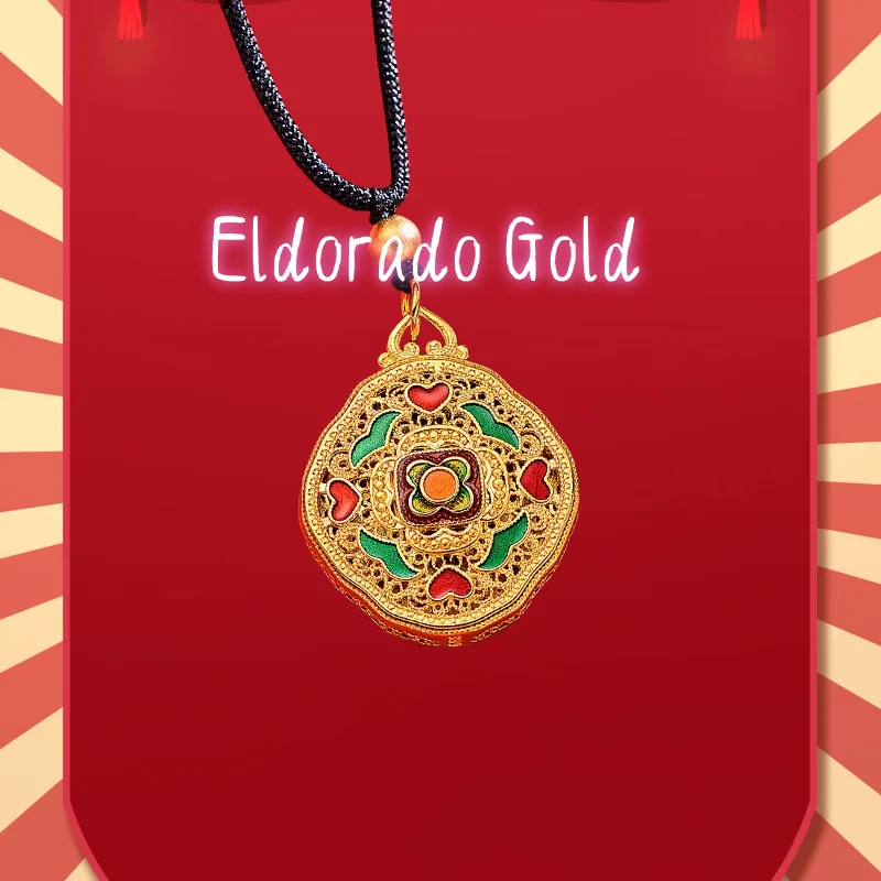 

2025 9999 Real Gold 24K Vintage Enamel Burnt Blue Silk Pendant Ancient Gold Ethnic Wind Hollow Burnt Blue Love Flower Card