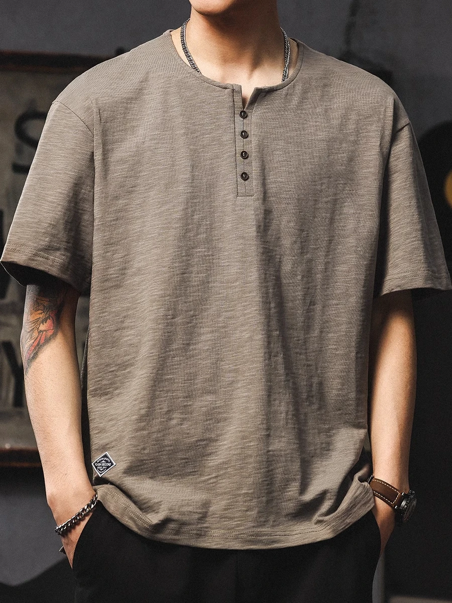 

Large Size Retro Japanese Sle Bamboo Cotton irt Men Summer Heavyweight Henry Collar ort Sve American High Stree...