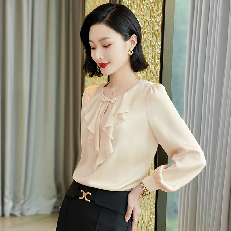 Long Sleeve Blouses Shirts Elegant Red Formal OL Styles Women Business Office Work Wear Career Professional Tops Clothes