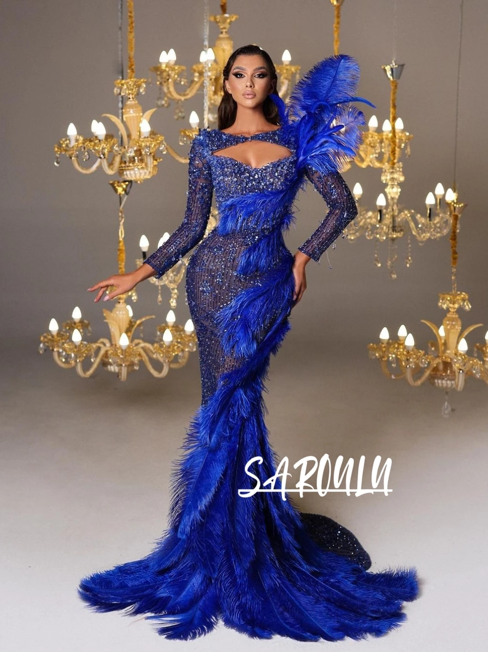 

Гламурное королевское синее платье для выпускного вечера с перьями и пайетками Showstopper, иллюзия русалки с длинными рукавами, изысканное вечернее платье