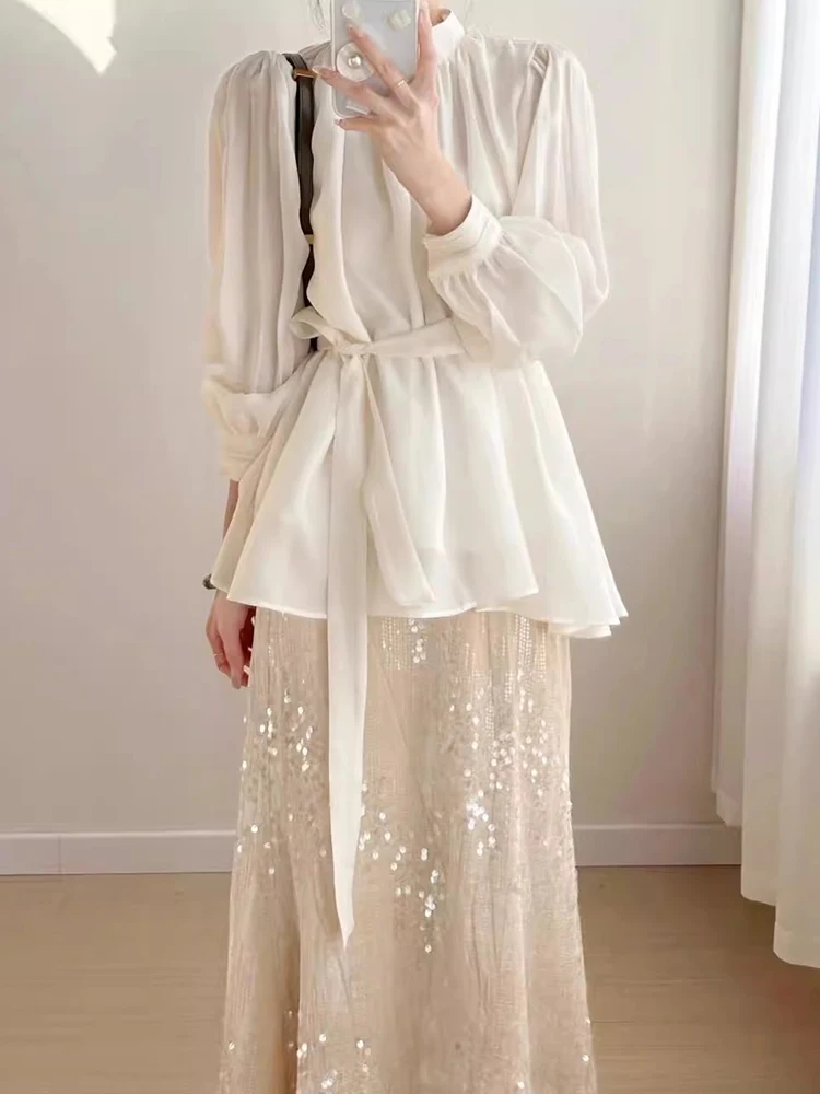 

Ele Spring irt Waist Cinching Belted Tie Ne Sequin Embellied Fi Tail Skirt Set Women's Faion Ensemble